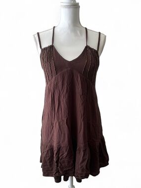 SO Brown Textured Spaghetti Strap Dress with Bead Accent